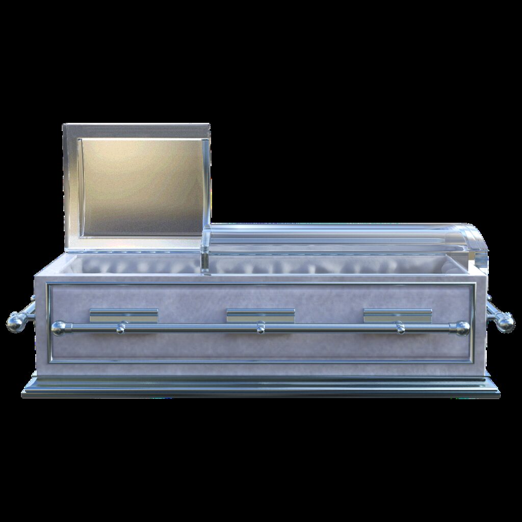 A white casket in front of a black background