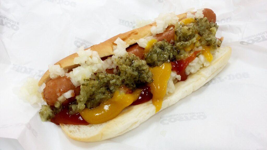 An image of a Costco hotdog on a white background.