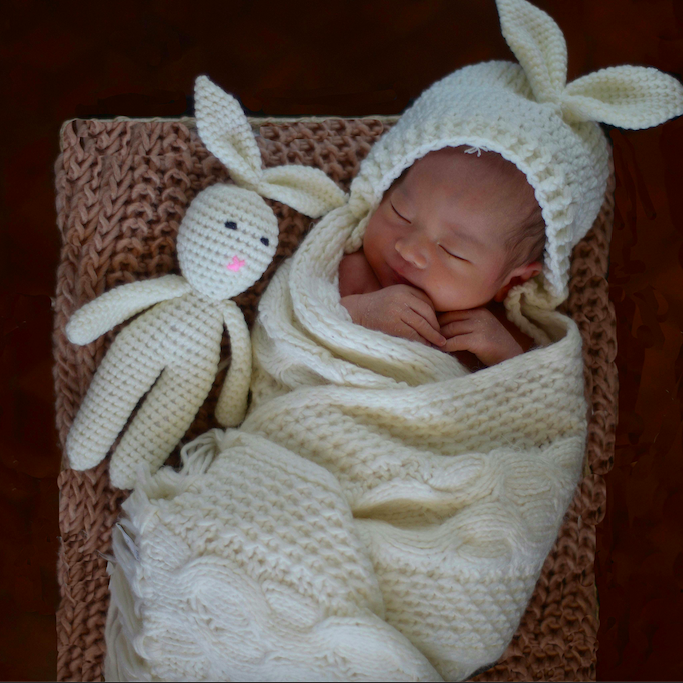 Baby swaddled with toy rabbit