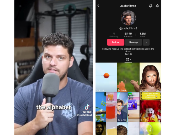 Two side-by-side screenshots of zachdfilms3’s TikTok account.