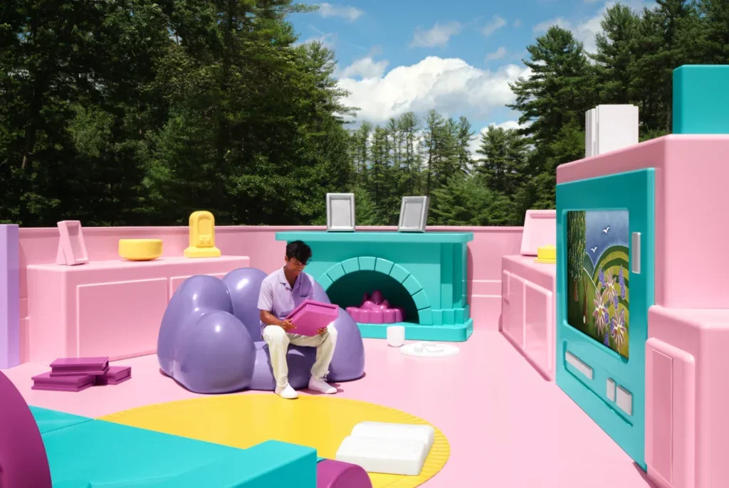 A man looks at a toy book while sitting in a life-size Polly Pocket living room.