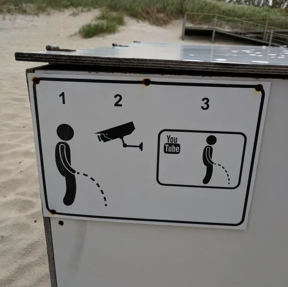 a sign of a stick man peeing and then the same image of him peeing superimposed with the YouTube logo