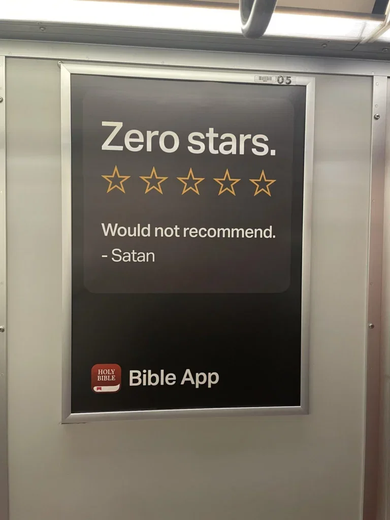 a review for a book that says “zero stars, would not recommend - satan” for the bible app