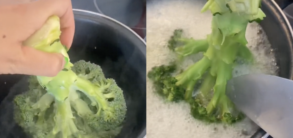 two pictures of broccoli in a boiling pot of water side by side
