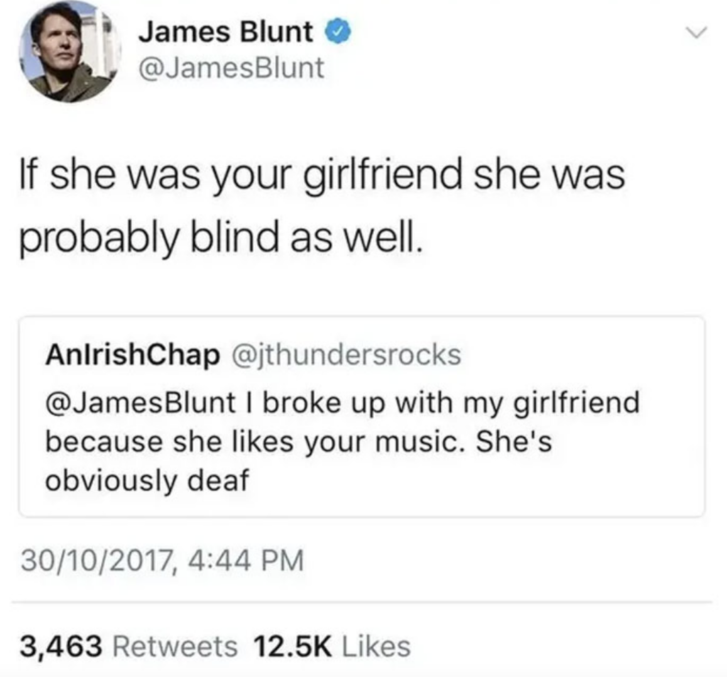 James Blunt tweet clapping back at hater 
