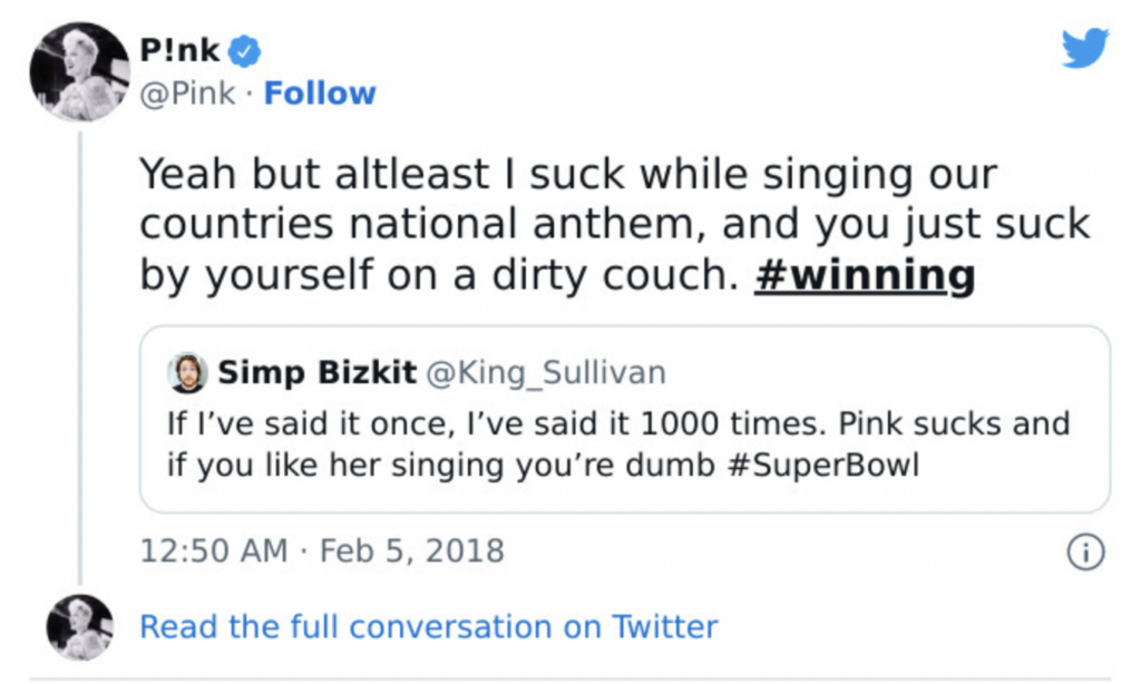 Pink slams hater on twitter for judging her superbowl performance 
