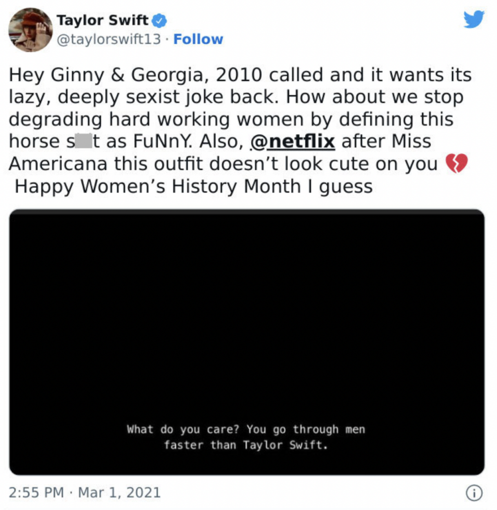 Taylor Swift slams netflix for bad joke about her dating life 