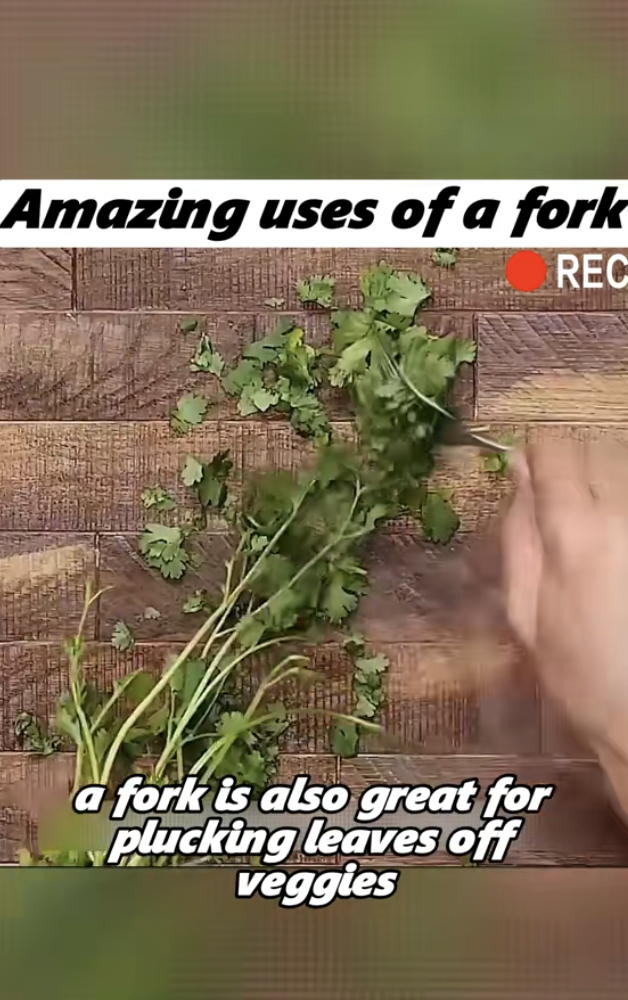 peeling herbs using a fork
