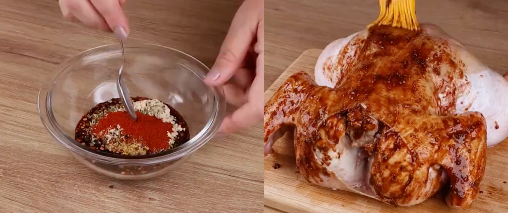 two pictures side-by-side one of spices in a bowl and mixture being brushed on whole chicken
