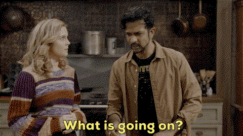 a gif of two characters from the tv show “ghosts.” one asks, “what is going on?” and the other answers “ghost stuff.”