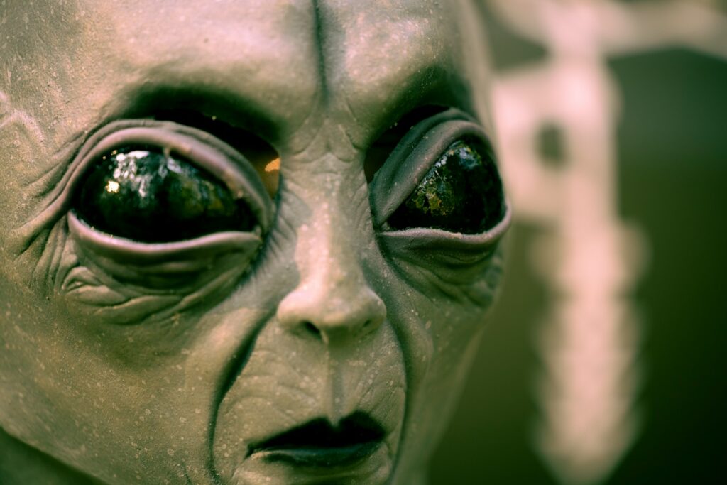 gray scale photo of an alien face