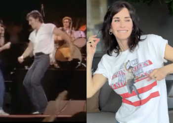 Courtney Cox in a split screen dancing to Bruce Springsteen video and the original