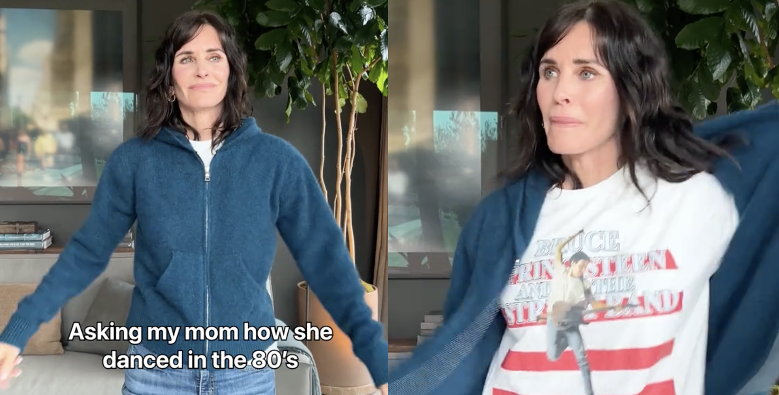 Split screen of Courtney Cox in a TikTok video