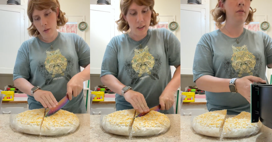 split screen of woman cutting a frozen pizza