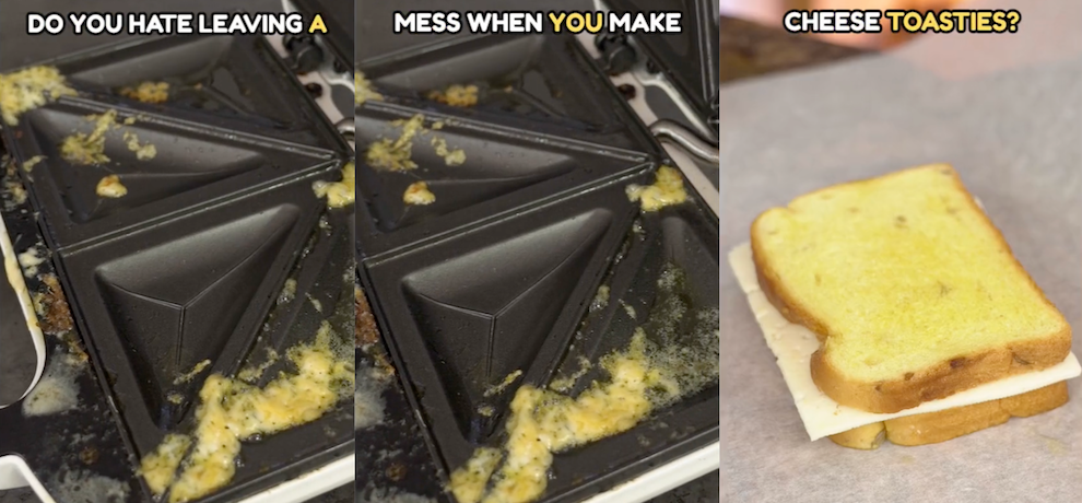 split screen of dirty waffle maker and grilled cheese sandwich
