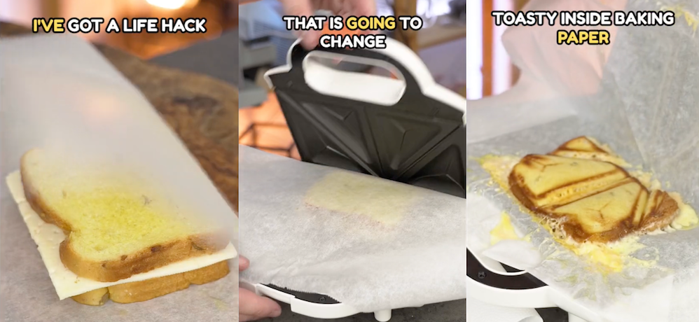 split screen of grilled cheese being made in a waffle maker