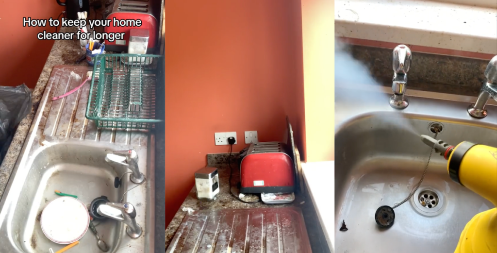 split screen of kitchen being cleaned