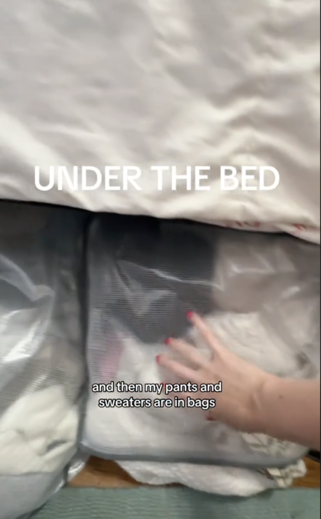 Filled storage bags under a bed