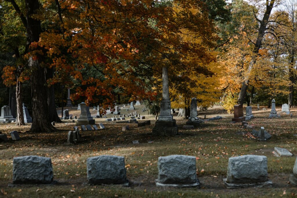 a cemetery with trees around it