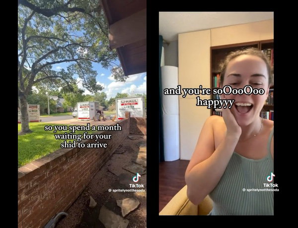 two tiktok screenshots that say “so you spend a month waiting for your shid to arrive” and “and you’re so happy”