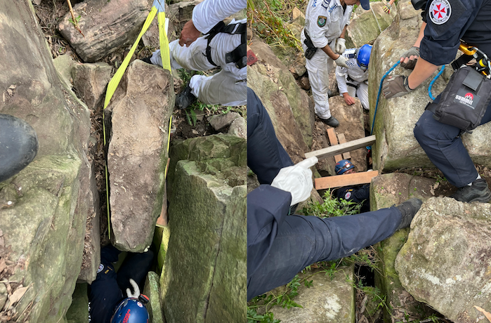 workers from NSW Ambulance removing rocks to free trapped woman