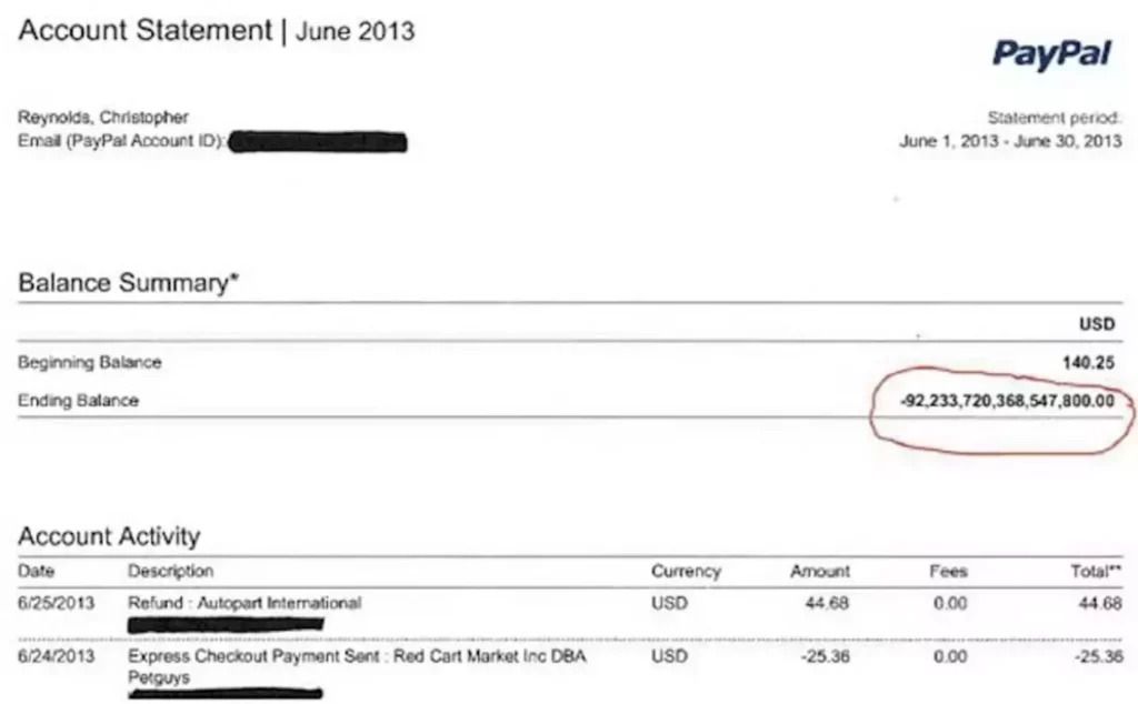 Screenshot of Reynolds' account statement (PayPal/Chris Reynolds)