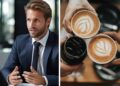 Man in a job interview, coffee cups.