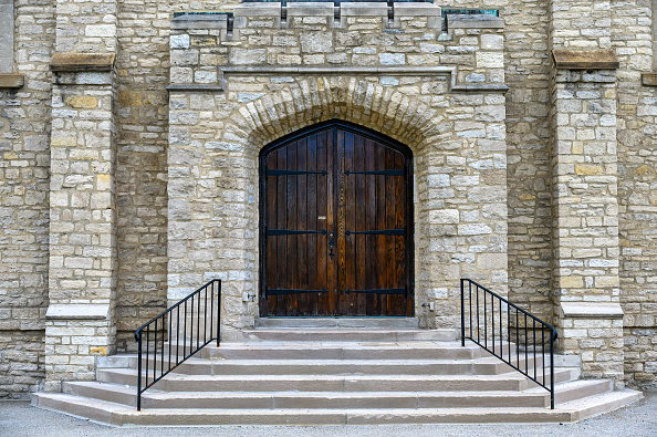 Exterior architecture of Mariners Church. Symmetry of a...