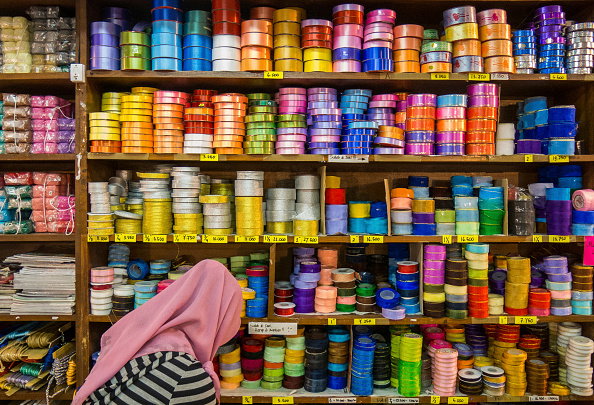 Shelves of ribbons in a ribbon shop