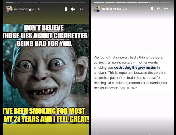 Natalie Ortega posted about smoking on her Instagram stories