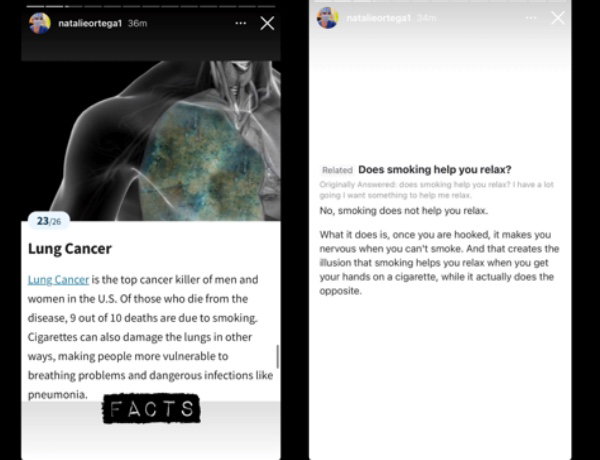 Natalie Ortega posted about smoking on her Instagram stories