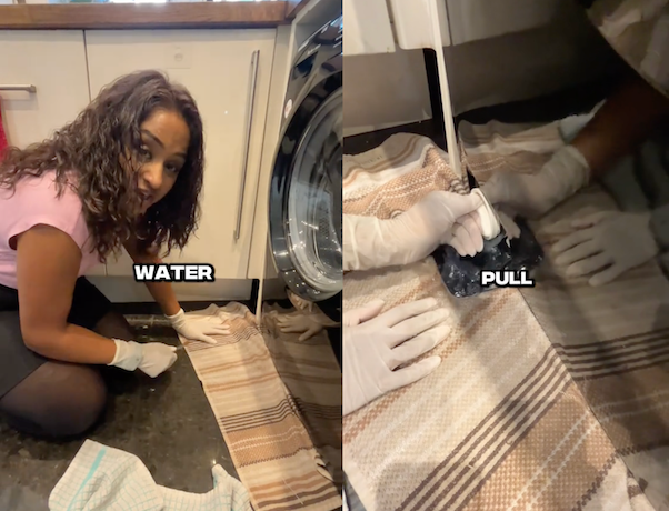 woman showing compartment on a washing machine in a TikTok video