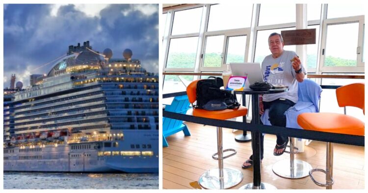 Cruise ship out on the sea and man on cruise ship