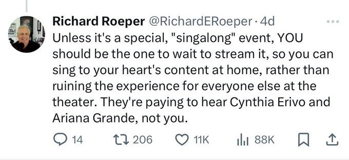 Tweet by Richard Roeper.