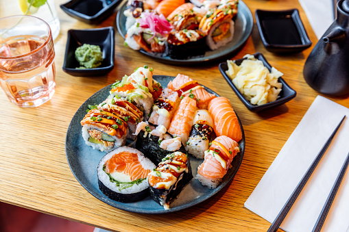Variety of sushi at a sushi buffet