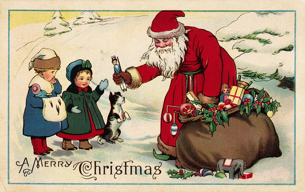 A Merry Christmas Postcard with Santa Claus Giving Gifts