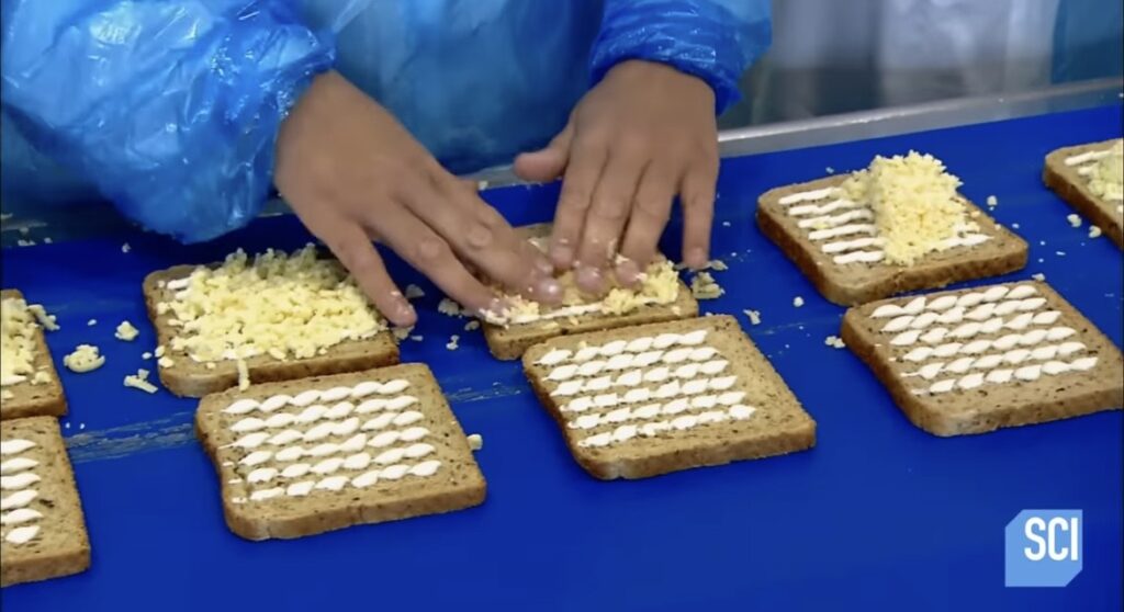 Workers adding sandwich fillings