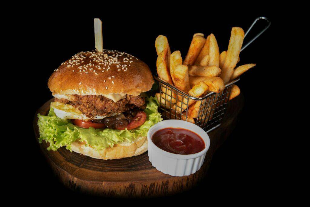 hamburger, fries and ketchup