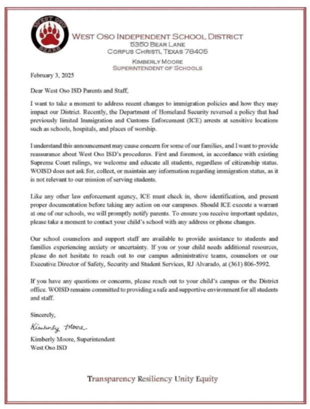 Letter by West Oso ISD (Facebook/Fox News)