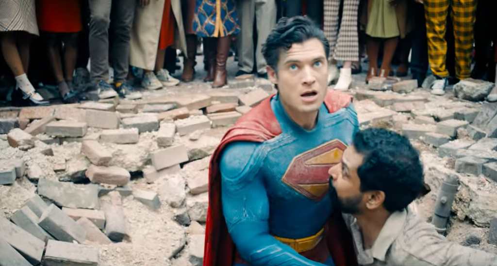 Still from Superman trailer showing Superman with a civilian