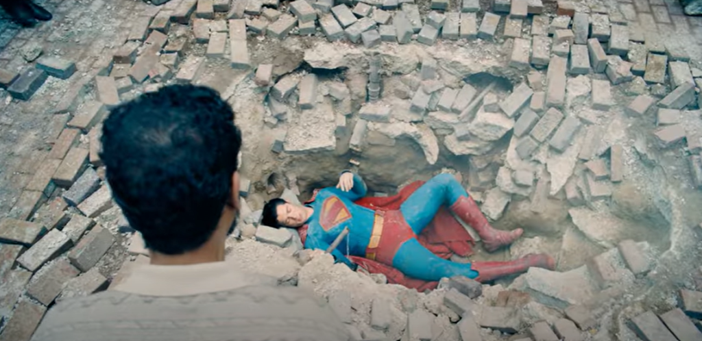 Still from trailer showing Superman in the rubble