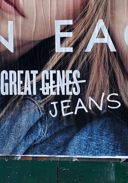 AE ad with 'genes' crossed out and 'jeans' is written instead