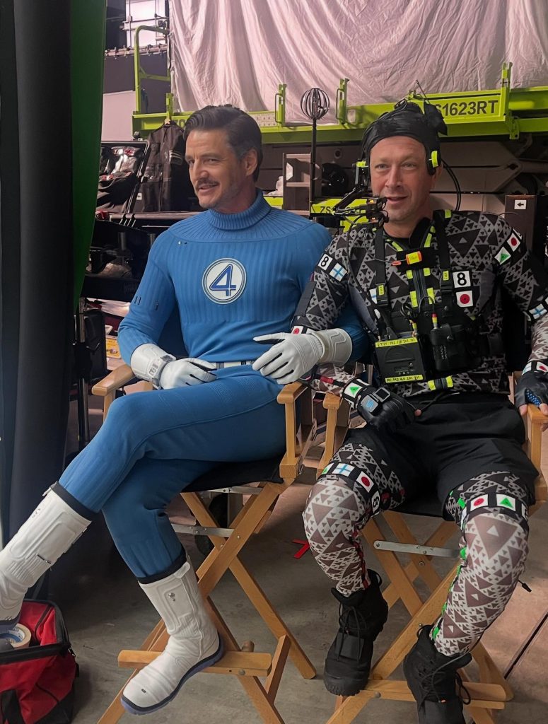 Pedro Pascal and Ebon Moss-Bachrach behind the scenes of Fantastic Four