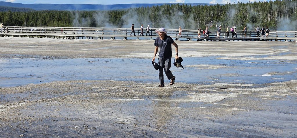 Man walking on off-limits zone in Yellowstone