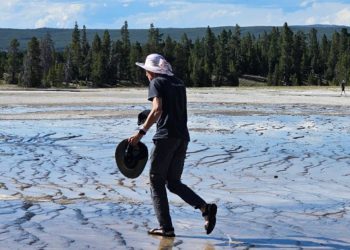 Man walking on off-limits zone in Yellowstone