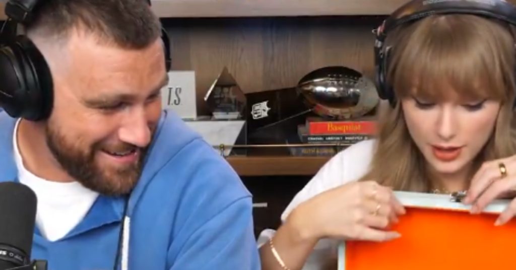 Taylor Swift and Travis Kelce on New Heights podcast