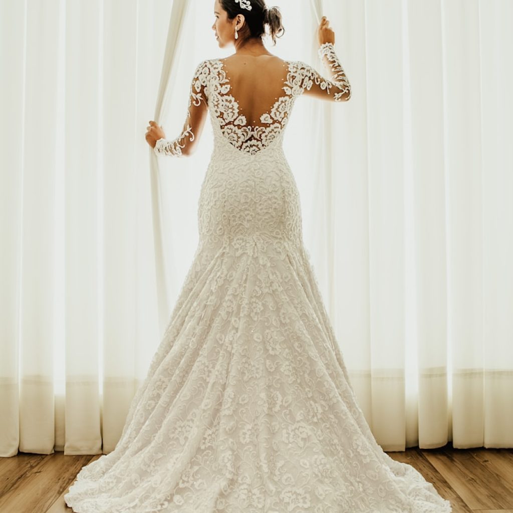woman in white floral wedding dress