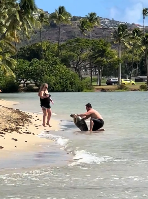 Screengrab from video of man posing with sea turtle
