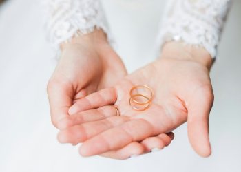 Bride holding wedding band