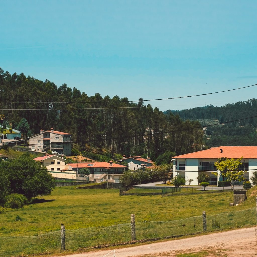 a green field with houses in the background